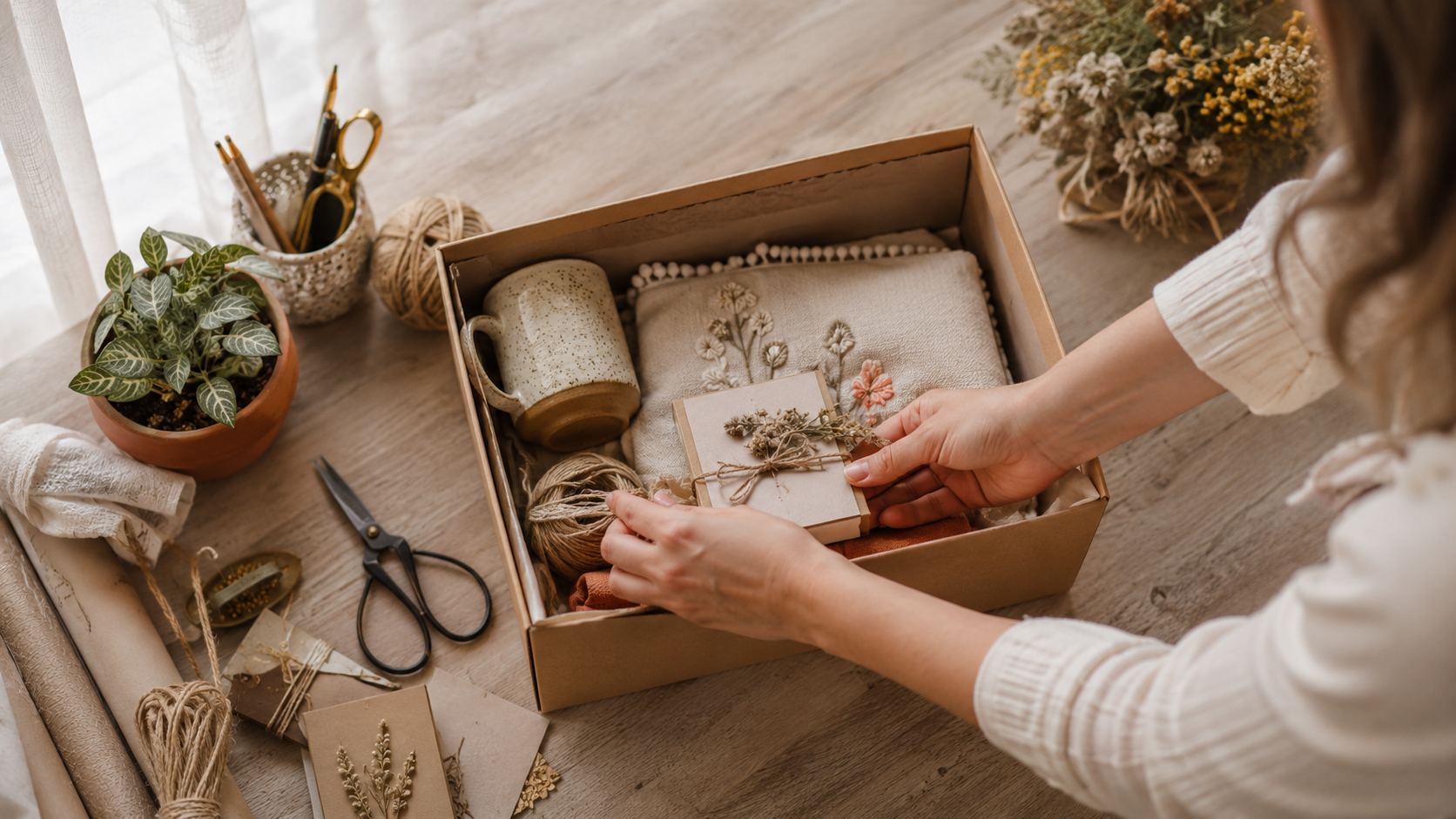 Artesã embalando produtos feitos à mão para migrar sua loja para um novo marketplace