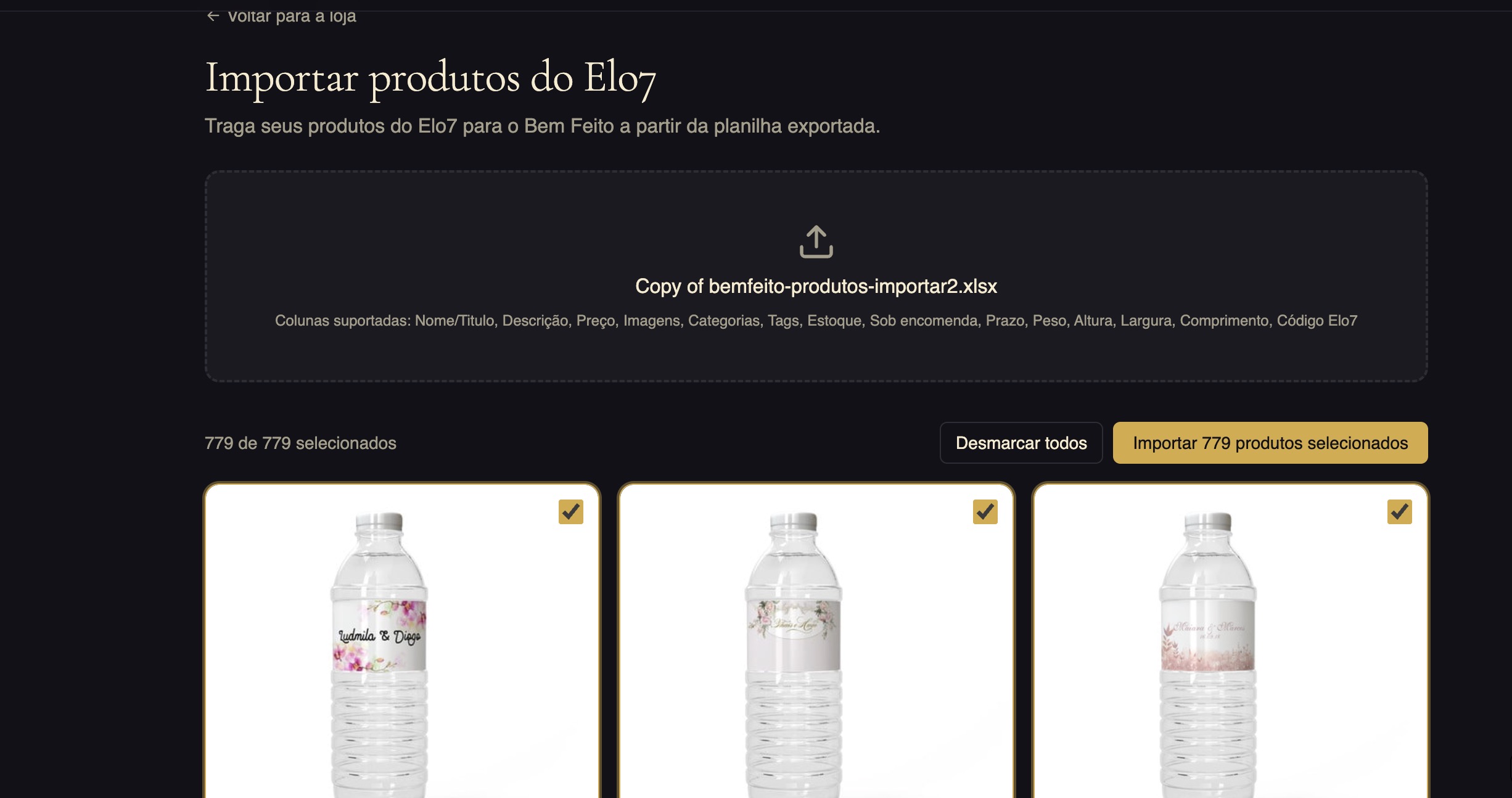 Produtos carregados para importação