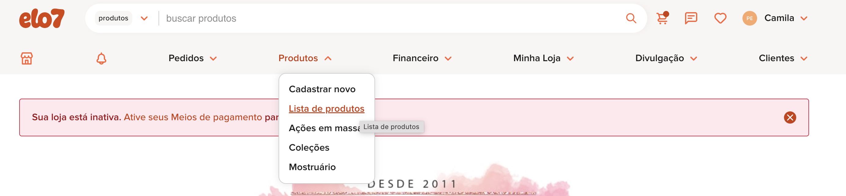 Lista de produtos no Elo7