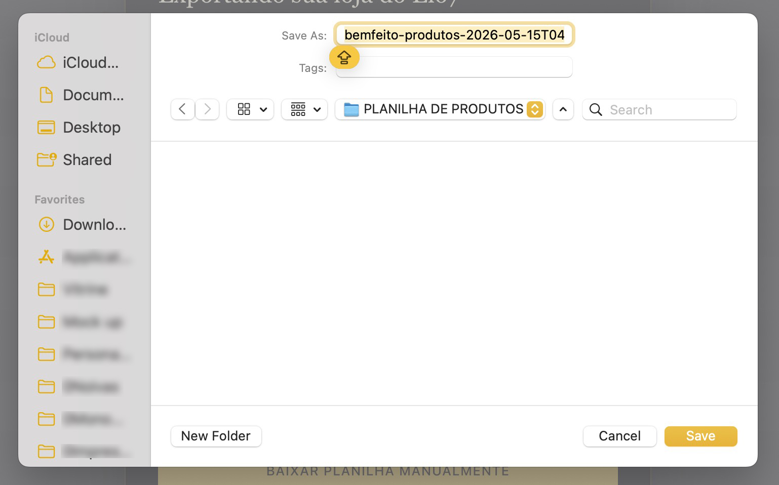 Download da planilha de produtos